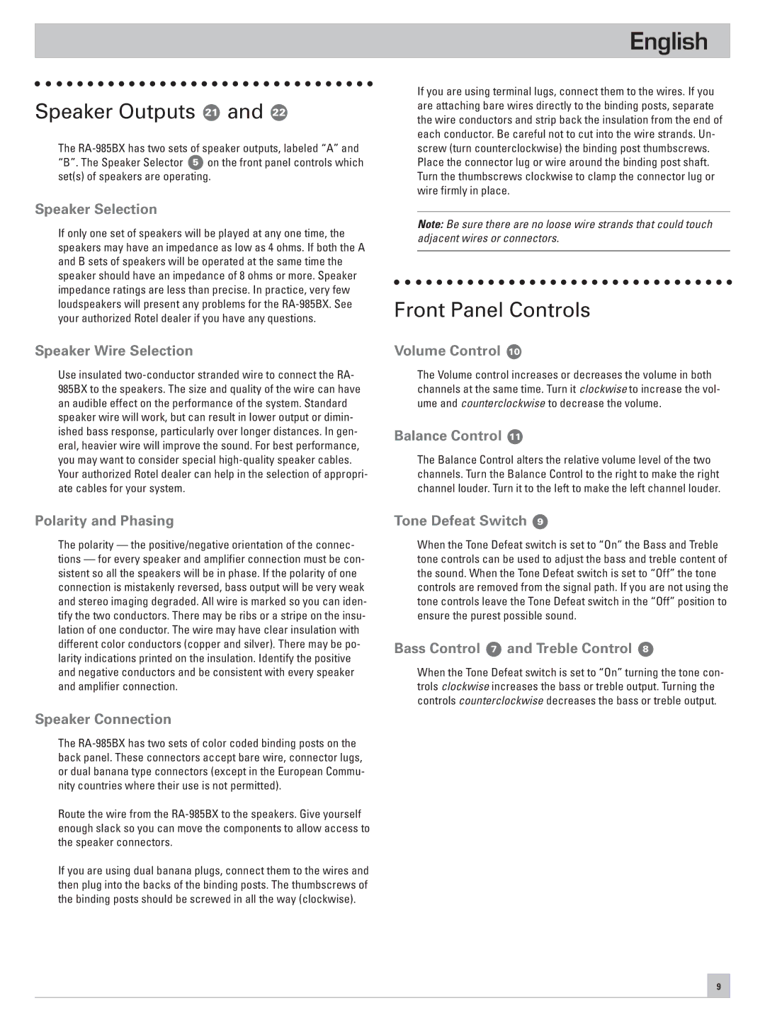Rotel RA-985BX owner manual Speaker Outputs 21, Front Panel Controls 