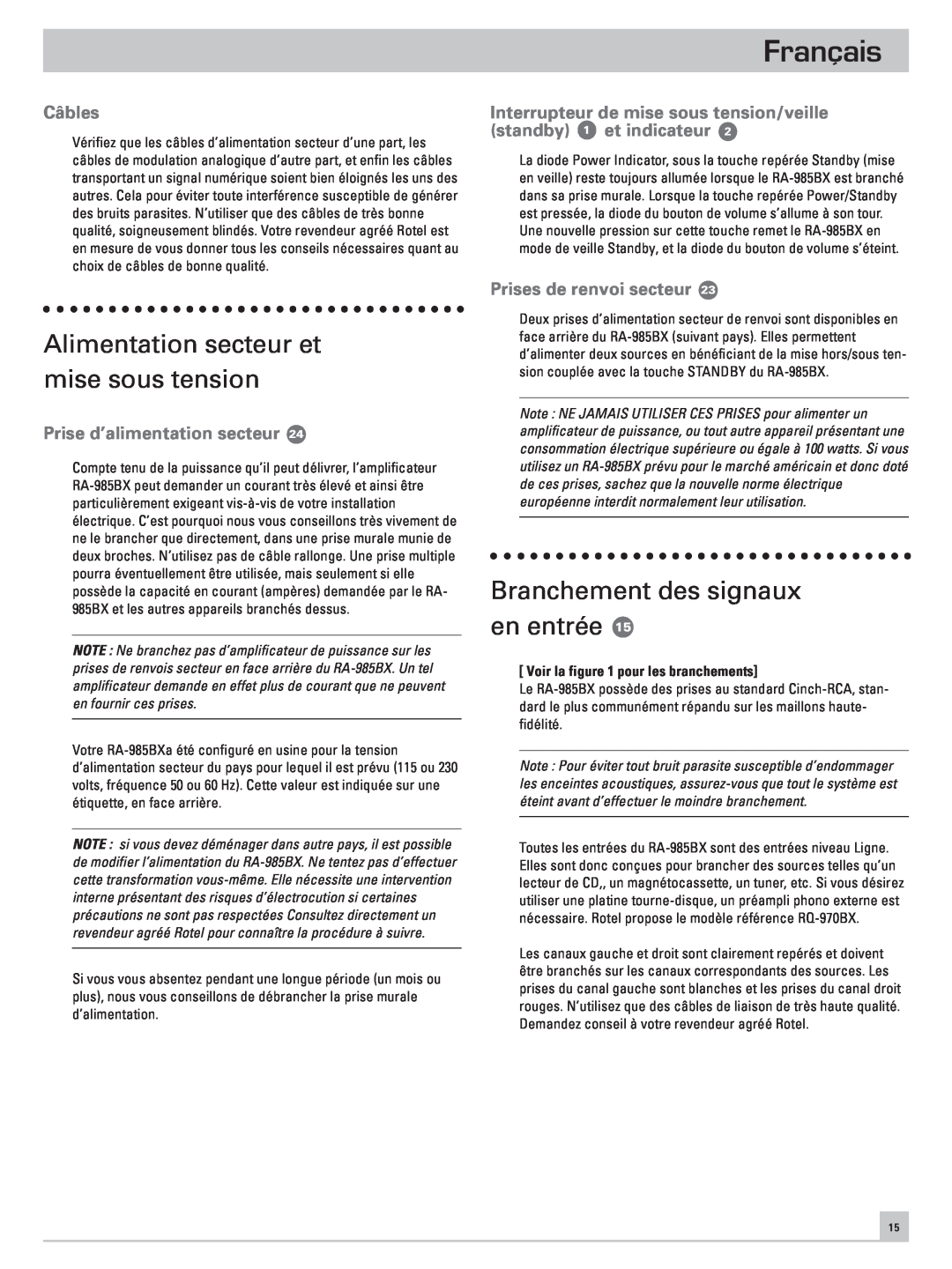 Rotel RA-985BX owner manual Alimentation secteur et mise sous tension, Branchement des signaux en entrée, Câbles, Français 