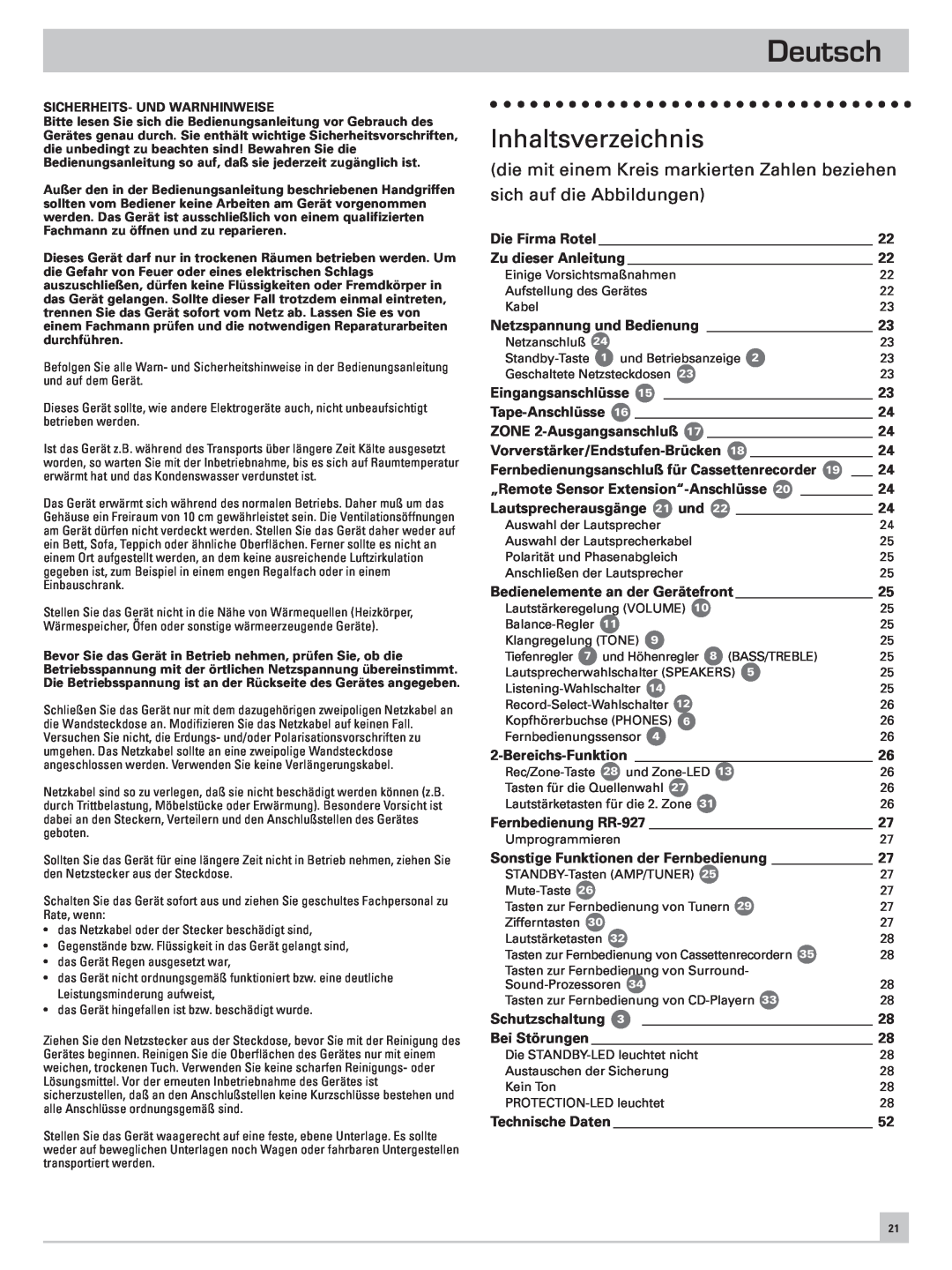 Rotel RA-985BX owner manual Deutsch, Inhaltsverzeichnis 