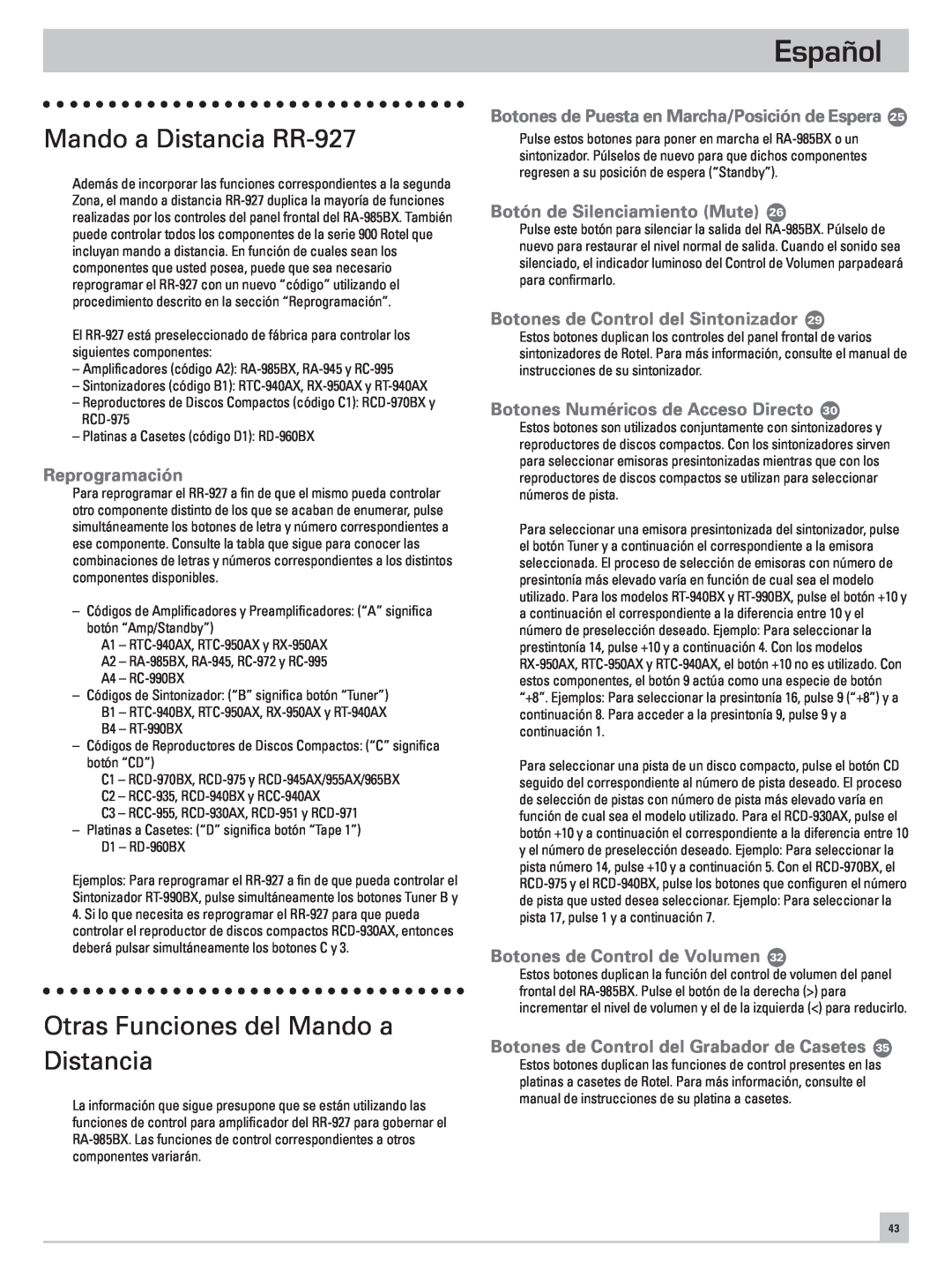 Rotel RA-985BX owner manual Mando a Distancia RR-927, Otras Funciones del Mando a Distancia, Reprogramación, Español 