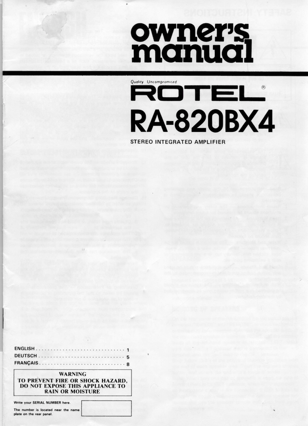 Rotel RA820BX4 manual 