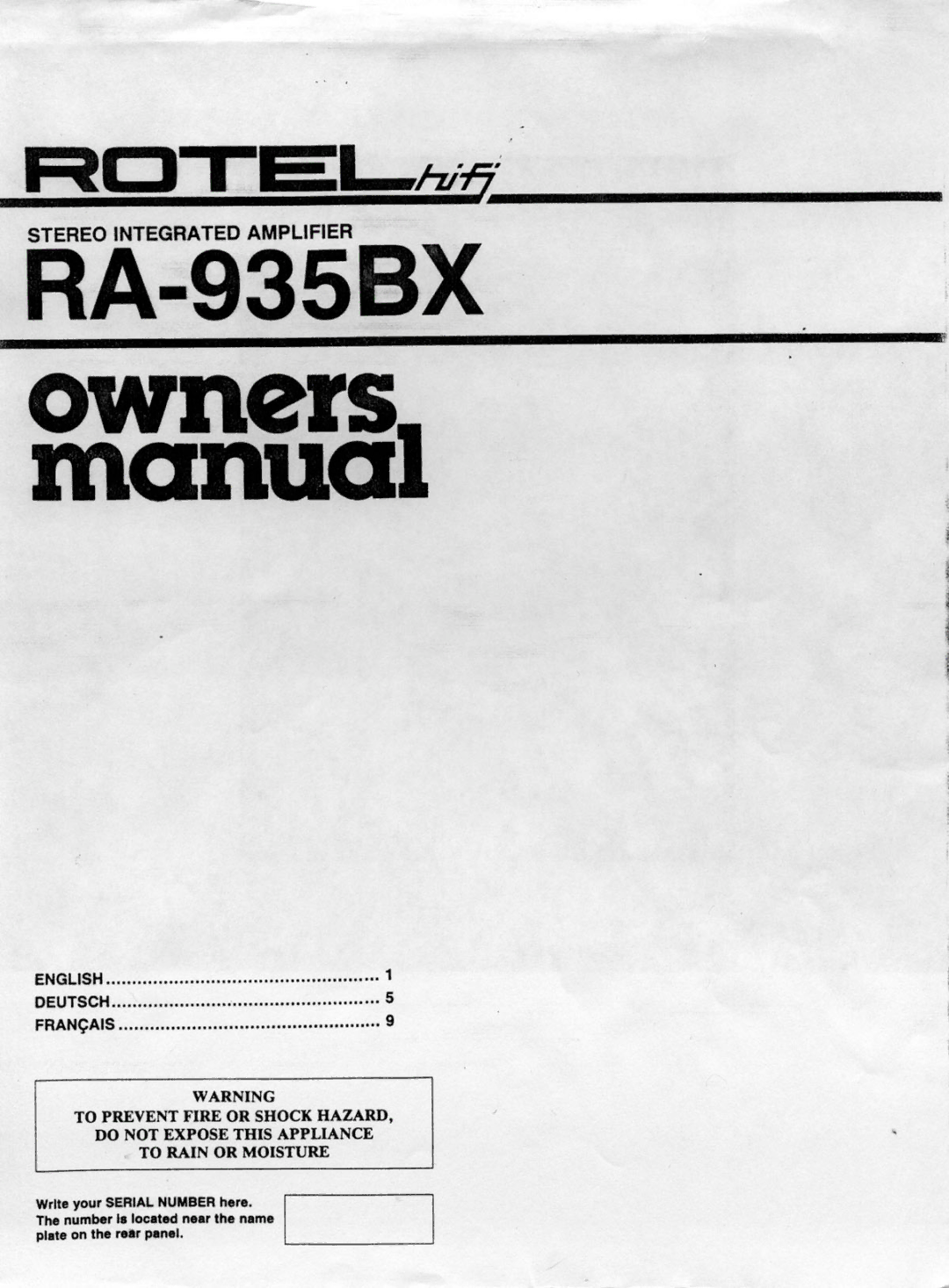 Rotel RA935BX manual 