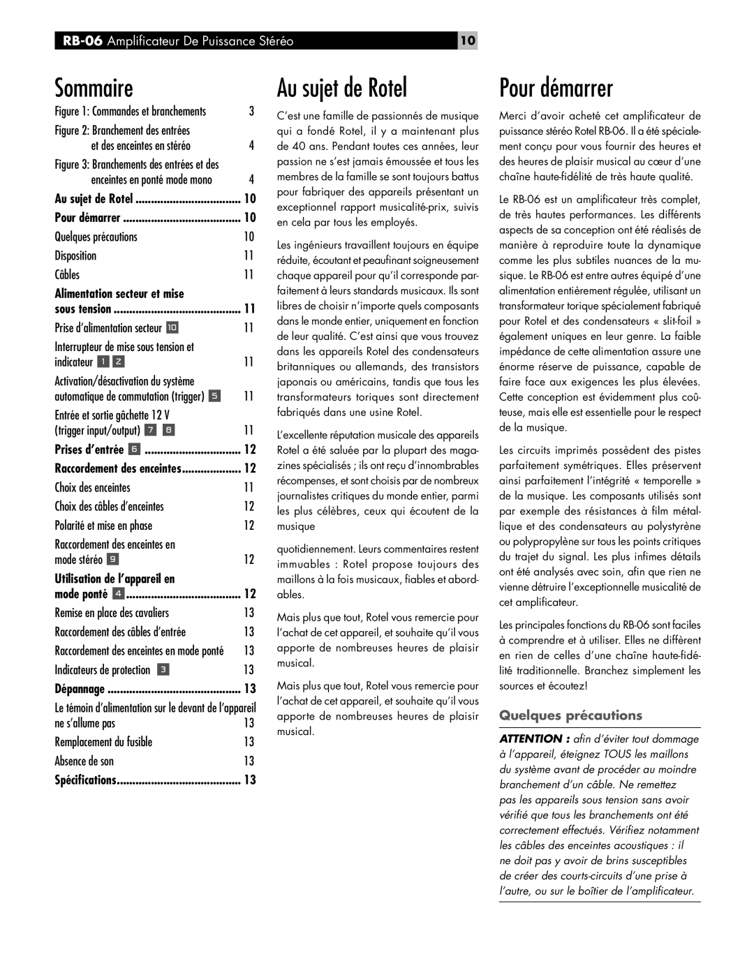 Rotel RB-06 owner manual Sommaire Au sujet de Rotel, Pour démarrer, Quelques précautions 