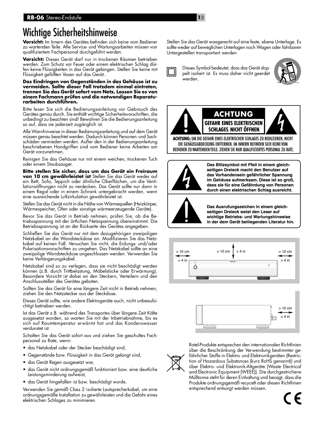 Rotel RB-06 owner manual Wichtige Sicherheitshinweise 