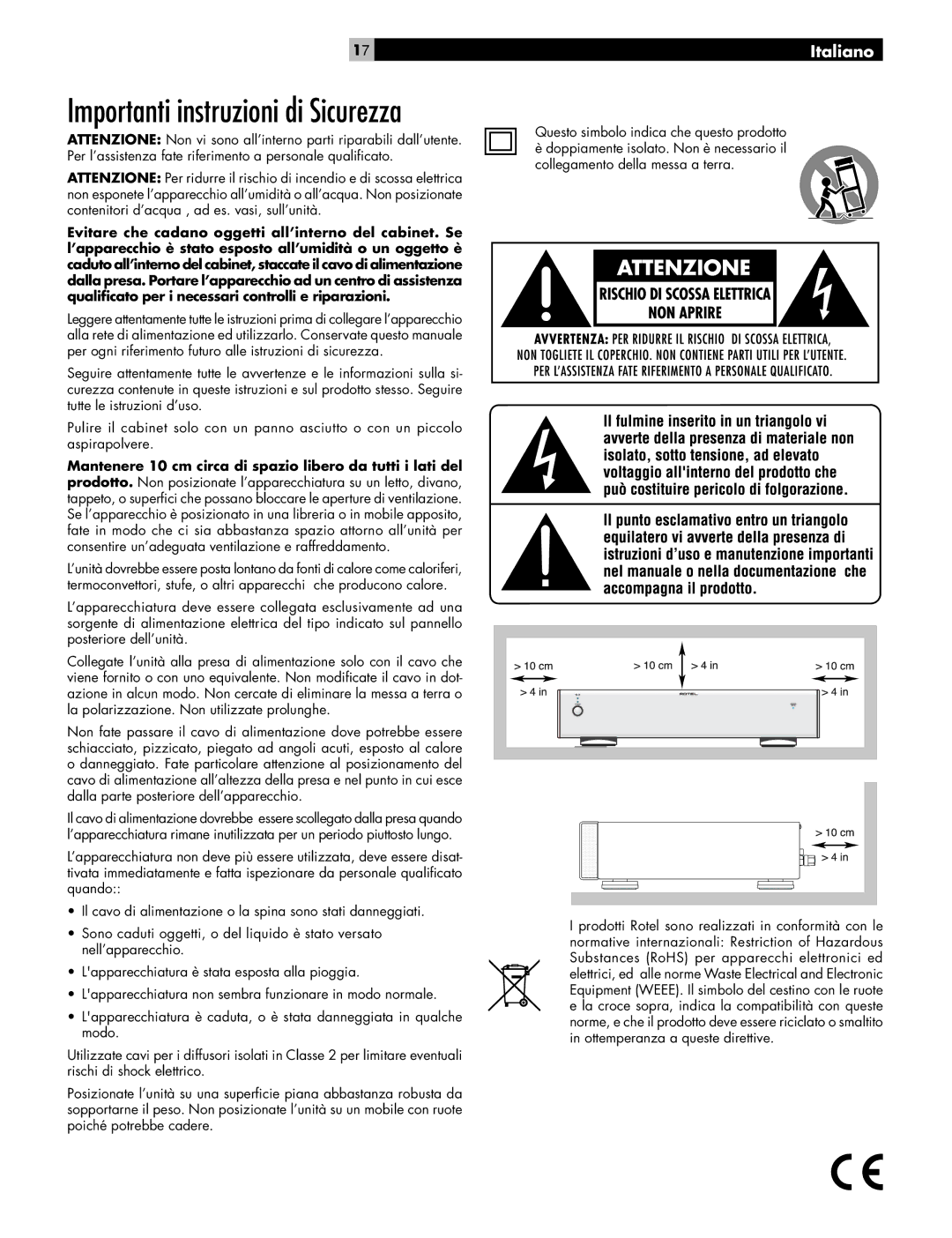 Rotel RB-06 owner manual Importanti instruzioni di Sicurezza 