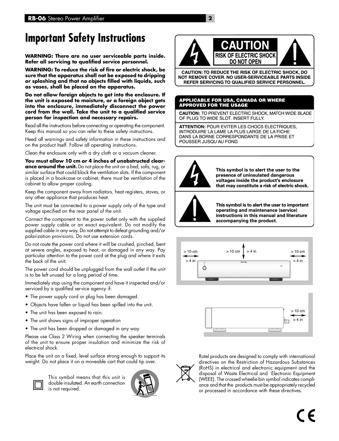 Rotel RB-06 owner manual Important Safety Instructions 