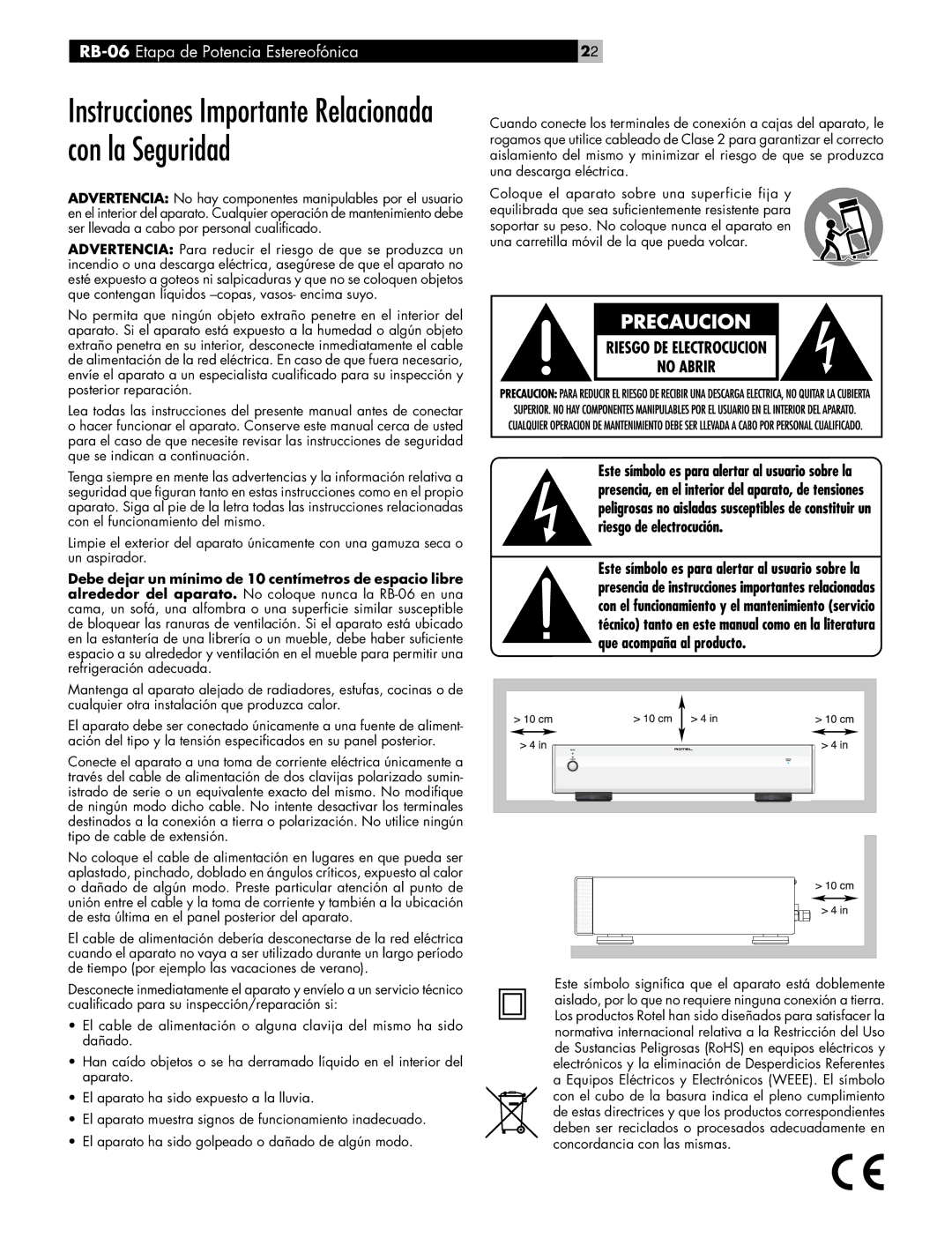 Rotel RB-06 owner manual Instrucciones Importante Relacionada con la Seguridad 