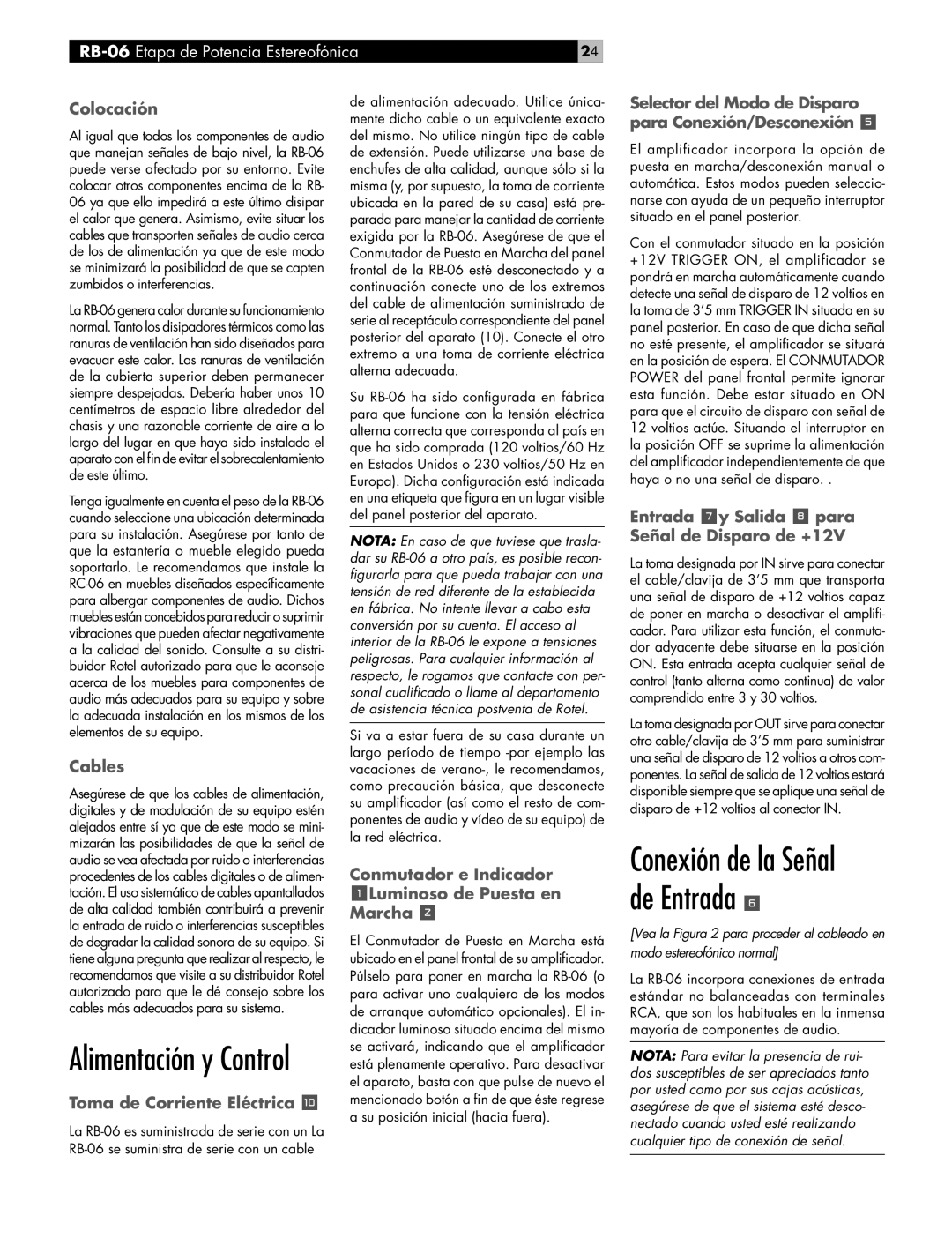 Rotel RB-06 owner manual Colocación, Toma de Corriente Eléctrica, Conmutador e Indicador 1Luminoso de Puesta en Marcha 