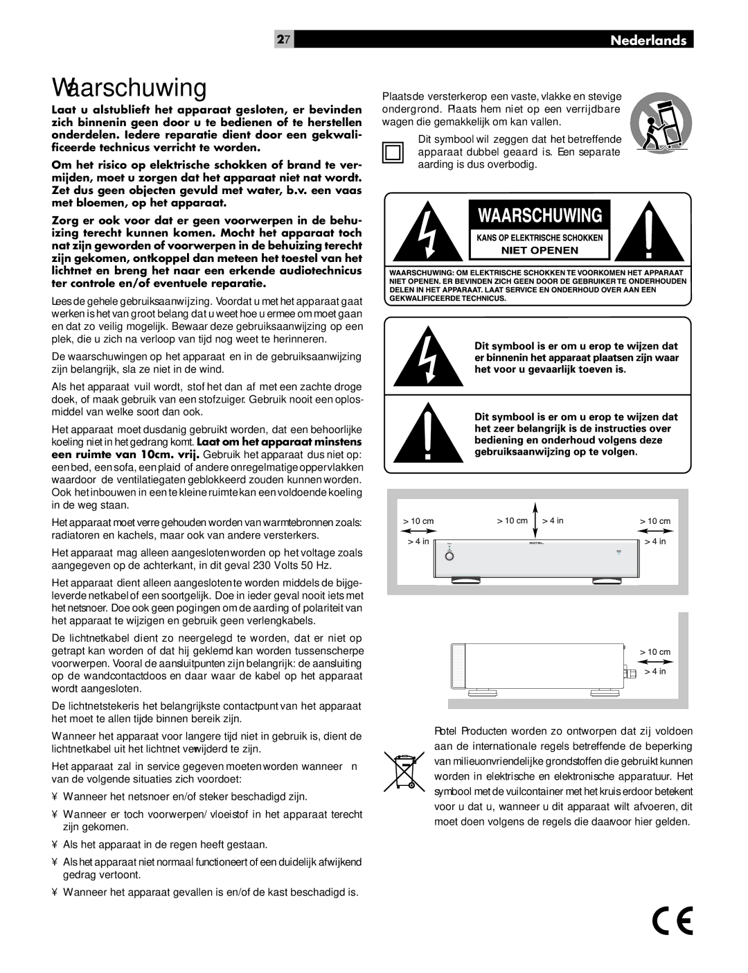 Rotel RB-06 owner manual Waarschuwing, Nederlands 