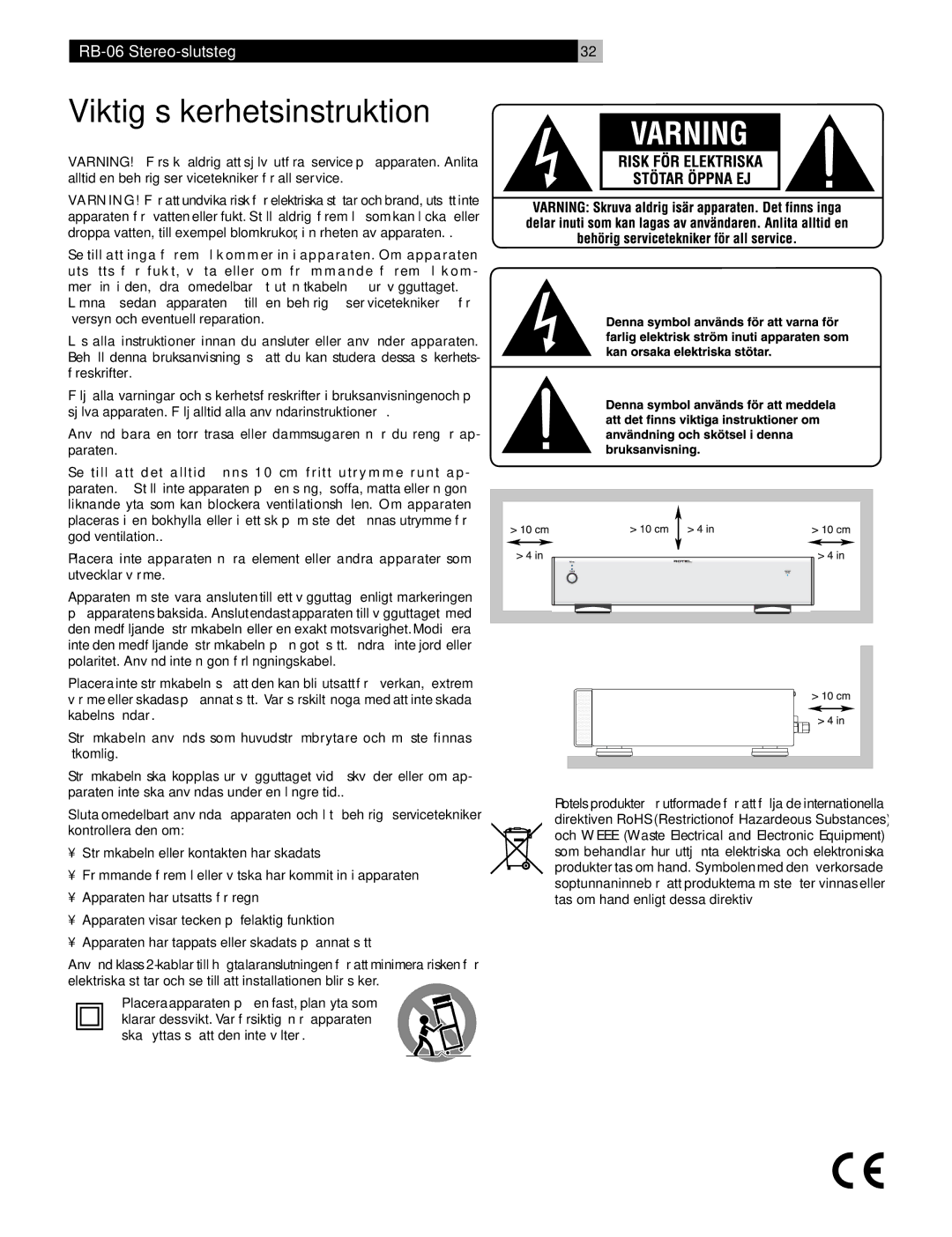 Rotel RB-06 owner manual Viktig säkerhetsinstruktion 