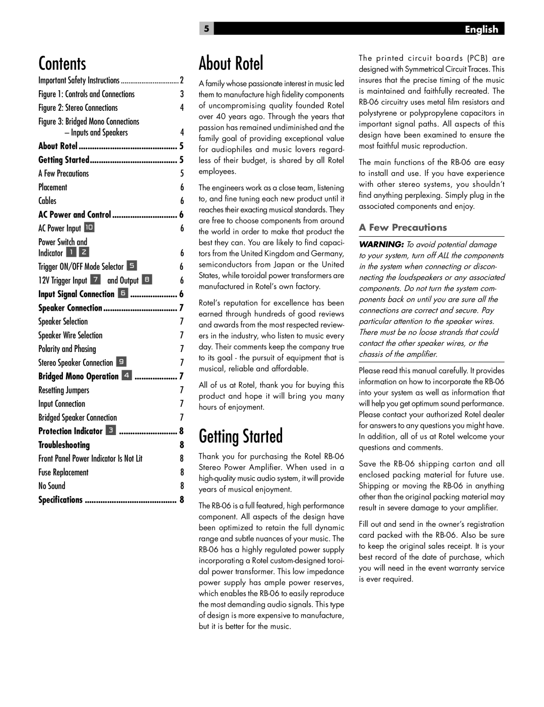 Rotel RB-06 owner manual Contents, About Rotel, Getting Started 