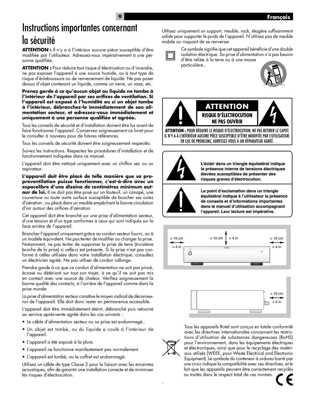 Rotel RB-06 owner manual Instructions importantes concernant la sécurité, Français 