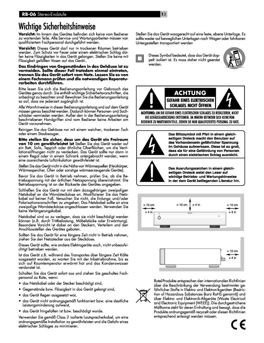 Rotel owner manual Wichtige Sicherheitshinweise, RB-06 Stereo-Endstufe 