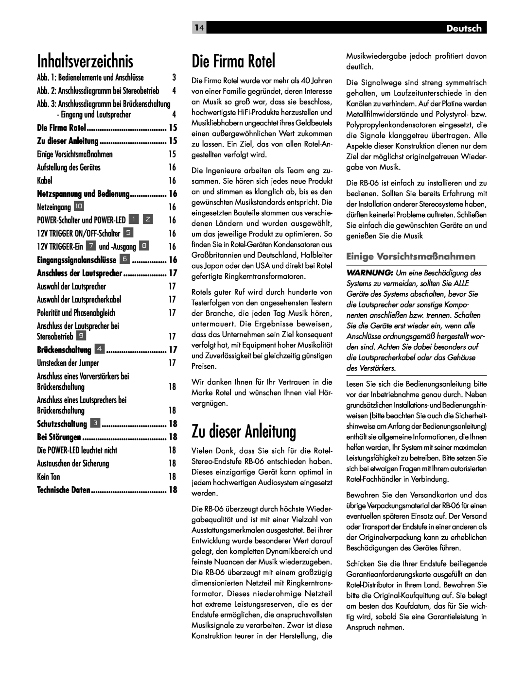 Rotel RB-06 owner manual Die Firma Rotel, Deutsch, Einige Vorsichtsmaßnahmen, Zu dieser Anleitung 