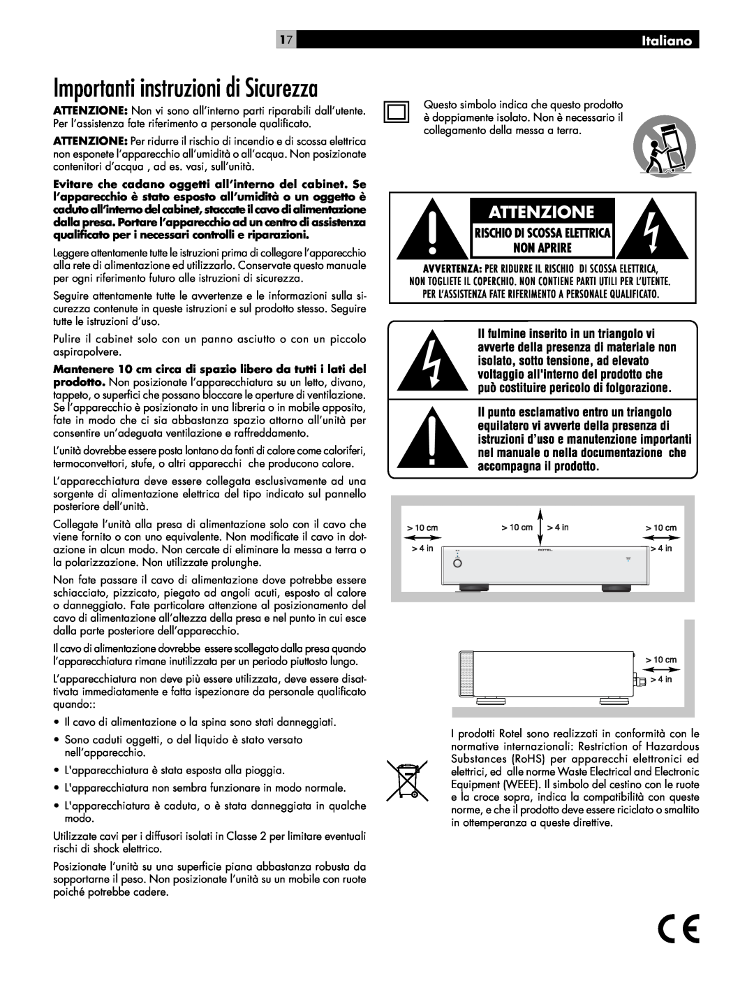 Rotel RB-06 owner manual Importanti instruzioni di Sicurezza, Italiano 