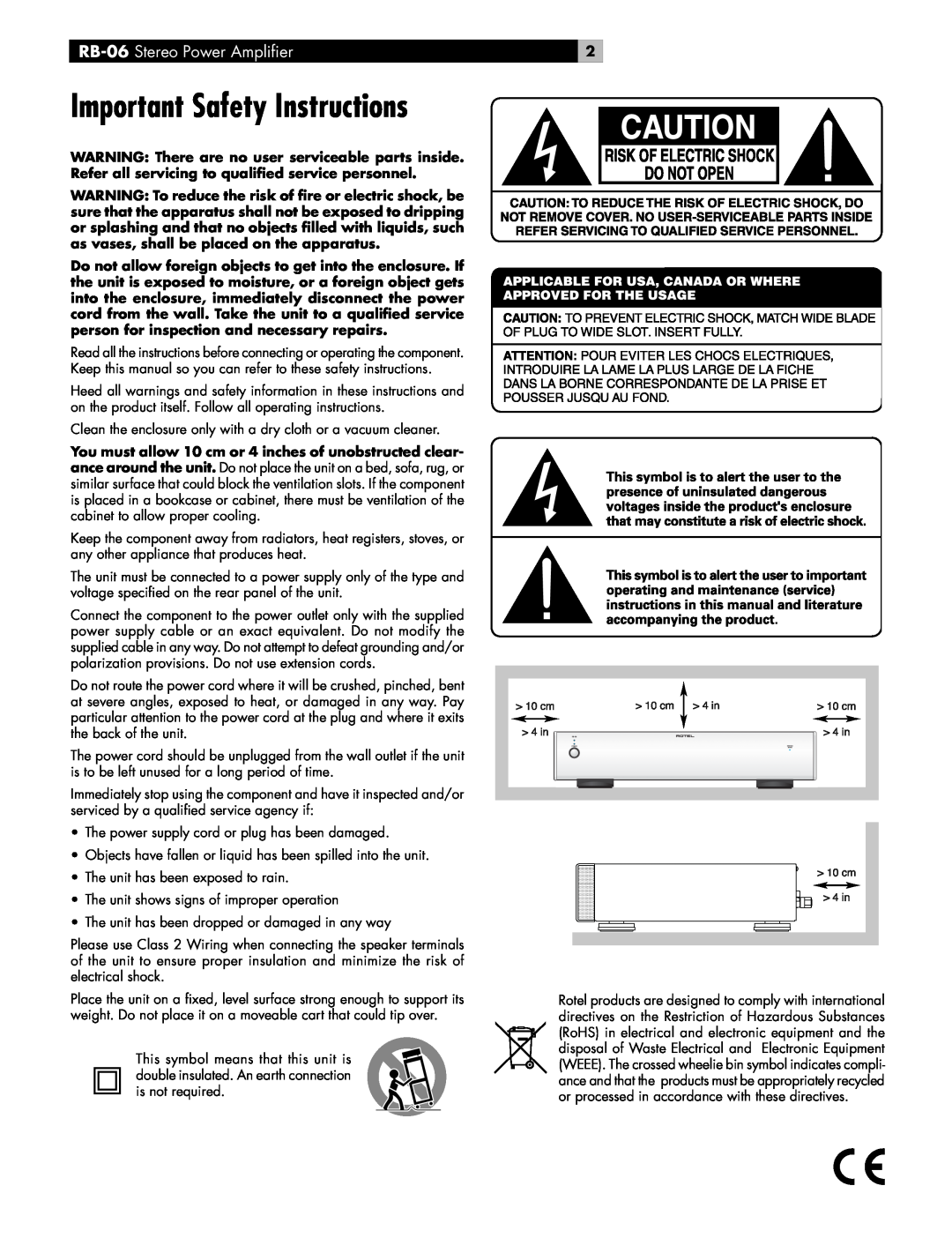 Rotel owner manual Important Safety Instructions, RB-06 Stereo Power Ampliﬁer 