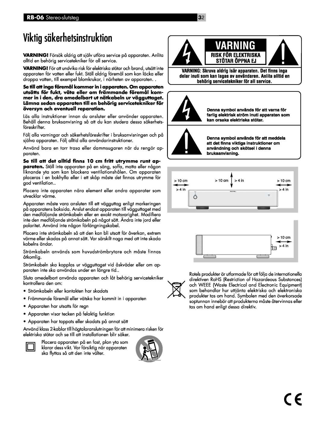 Rotel owner manual Viktig säkerhetsinstruktion, RB-06 Stereo-slutsteg 