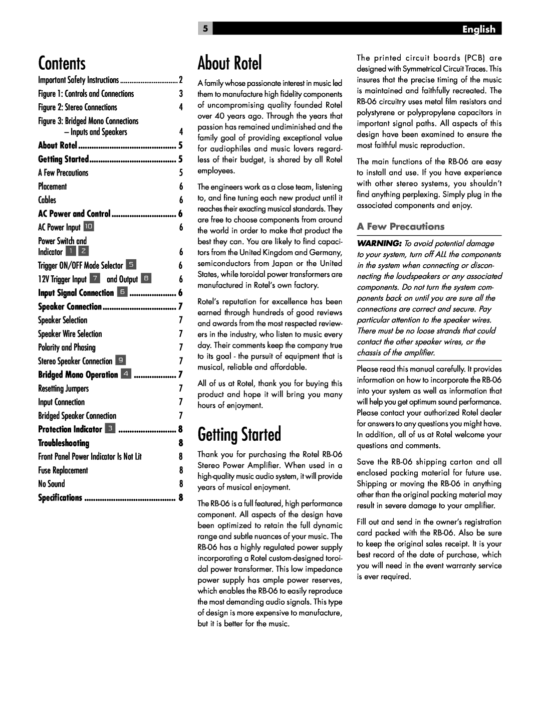 Rotel RB-06 owner manual Contents, About Rotel, Getting Started, A Few Precautions, English 