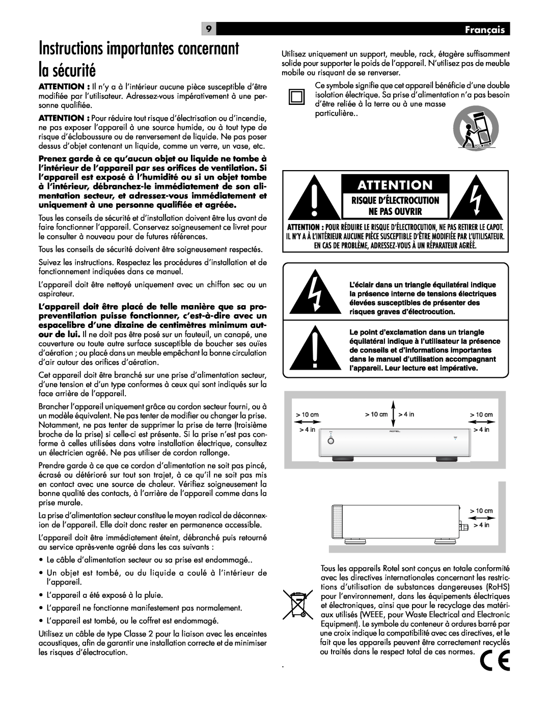Rotel RB-06 owner manual Instructions importantes concernant la sécurité, Français 