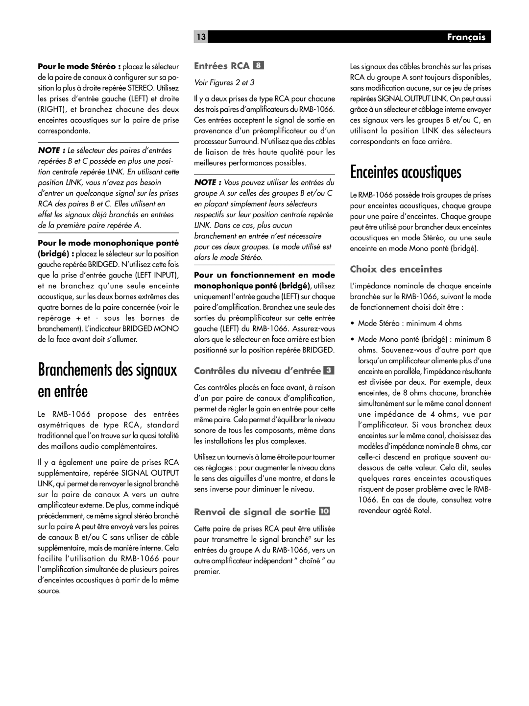 Rotel RB-1066 owner manual Enceintes acoustiques, Français 