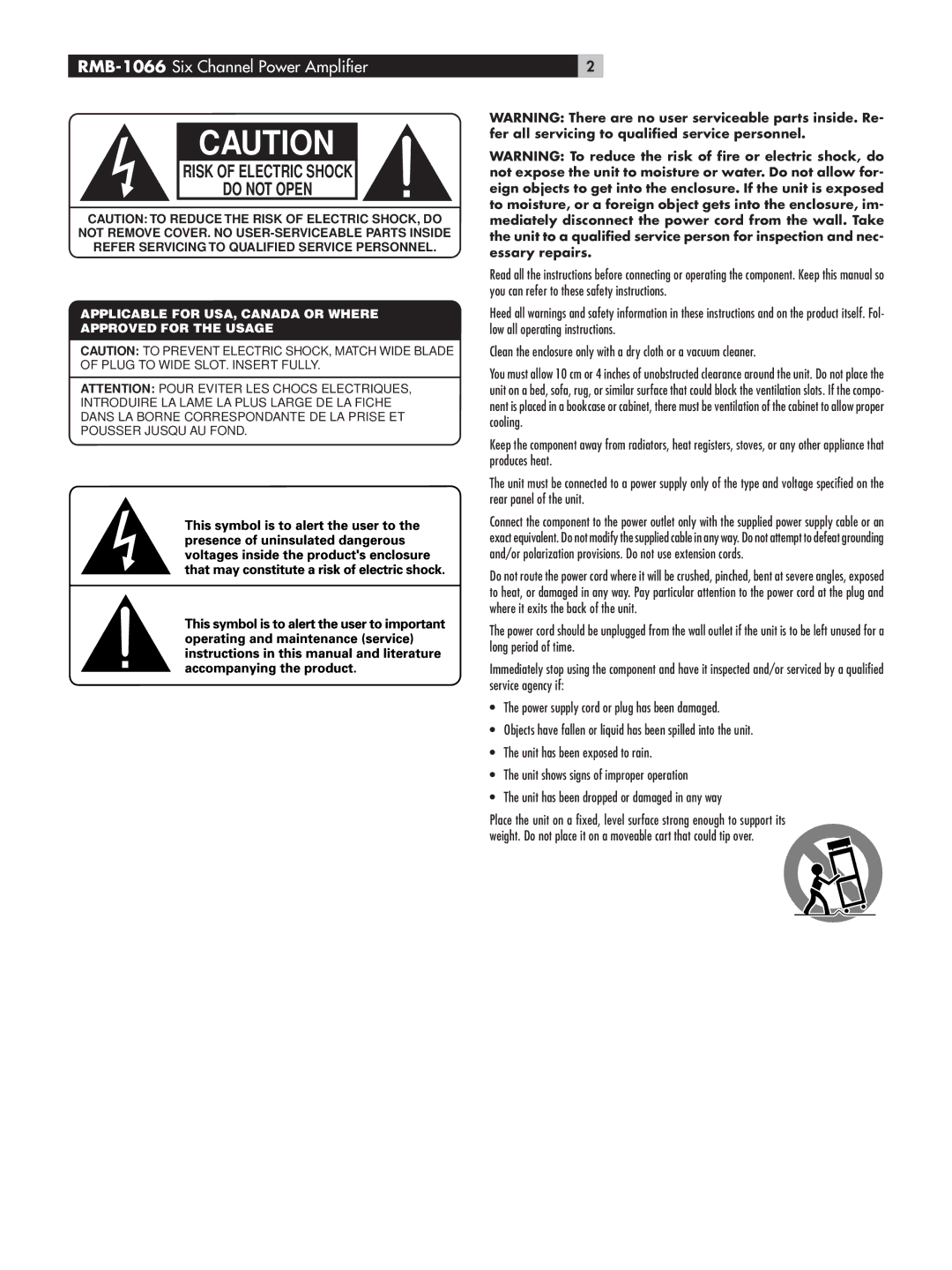 Rotel RB-1066 owner manual Risk of Electric Shock Do not Open 