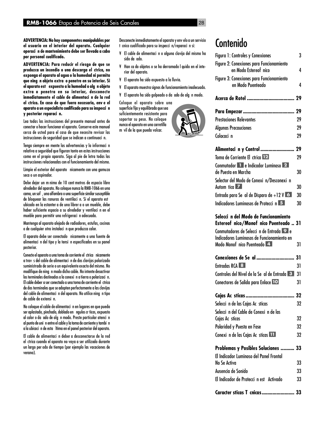 Rotel RB-1066 owner manual Contenido, RMB-1066Etapa de Potencia de Seis Canales 