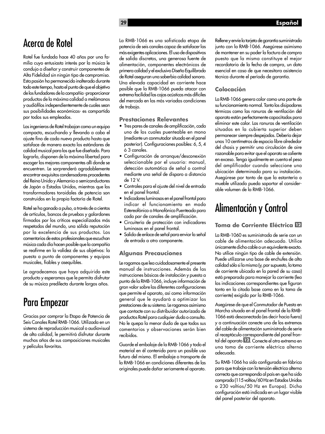 Rotel RB-1066 owner manual Acerca de Rotel, Para Empezar, Alimentación y Control, Español 