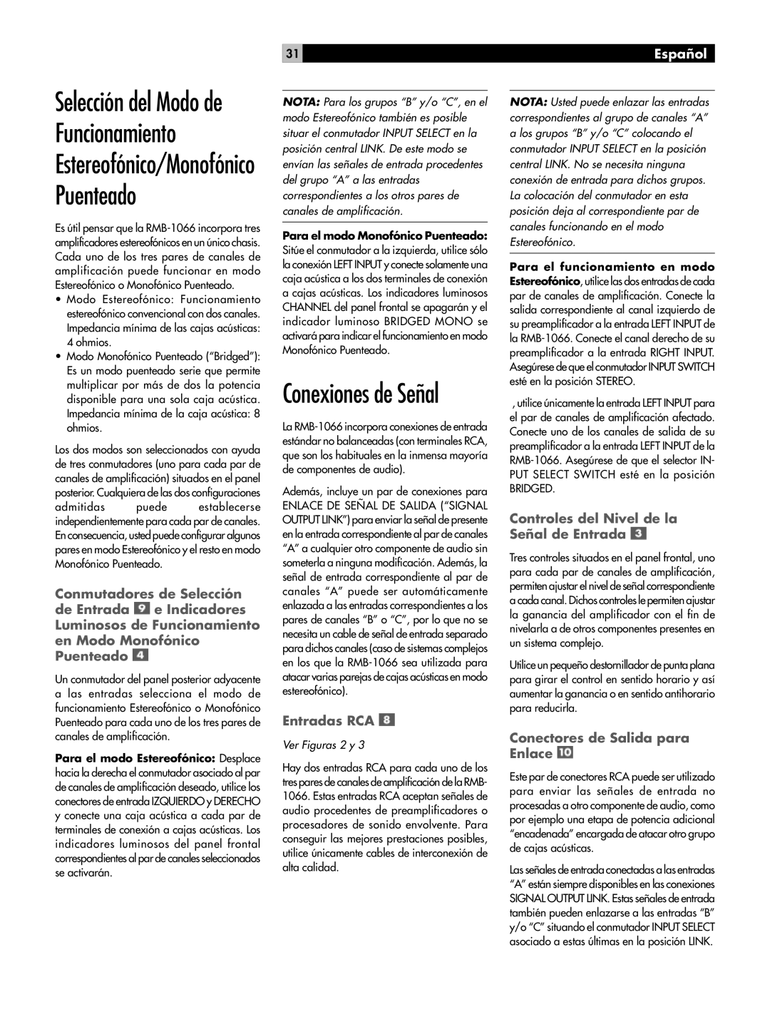 Rotel RB-1066 Entradas RCA, Controles del Nivel de la Señal de Entrada, Conectores de Salida para Enlace, Ver Figuras 2 y 