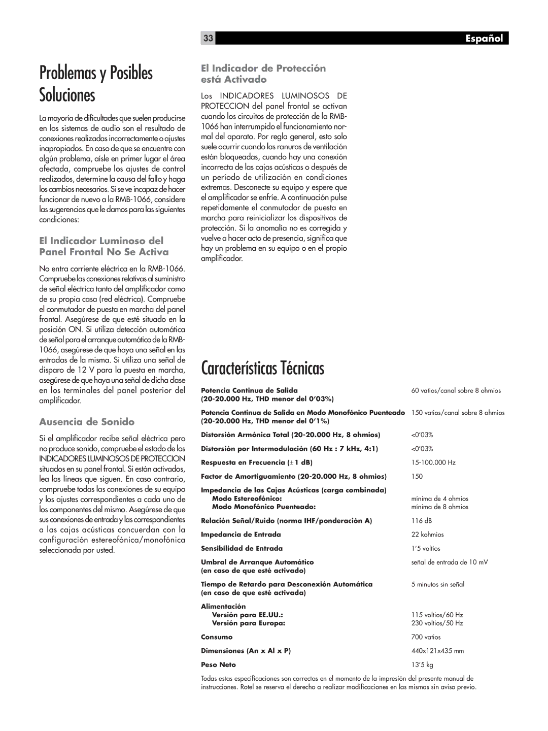 Rotel RB-1066 Características Técnicas, El Indicador Luminoso del Panel Frontal No Se Activa, Ausencia de Sonido 