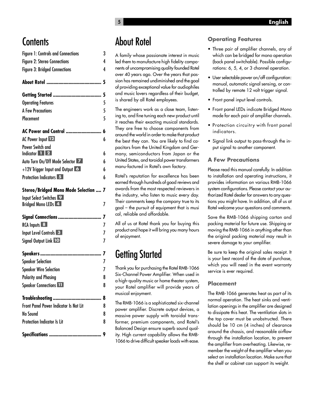 Rotel RB-1066 owner manual Contents, About Rotel, Getting Started 