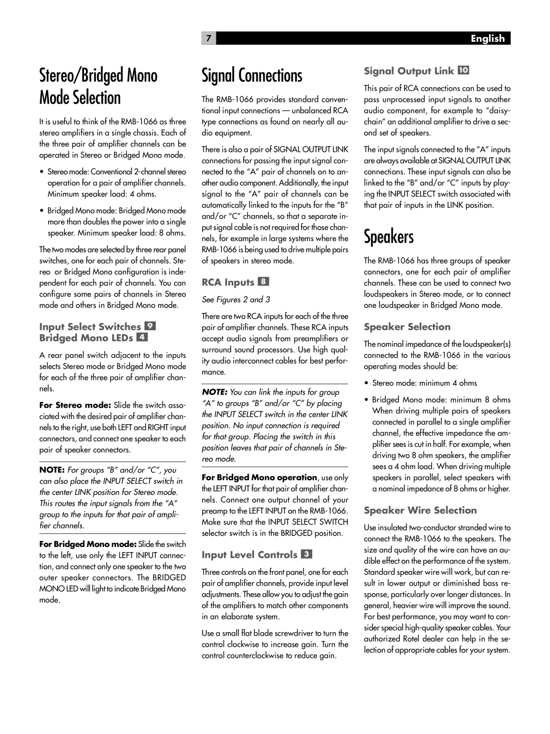 Rotel RB-1066 owner manual Speakers, Signal Connections 