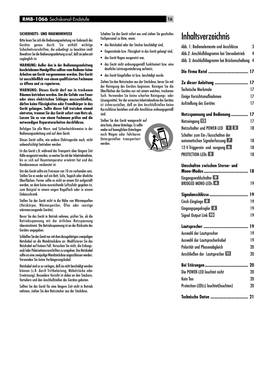 Rotel RB-1066 owner manual Inhaltsverzeichnis, RMB-1066 Sechskanal-Endstufe 