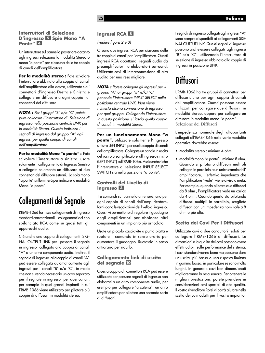 Rotel RB-1066 owner manual Diffusori, Collegamenti del Segnale, Ingressi RCA, Controlli del Livello di Ingresso, Italiano 
