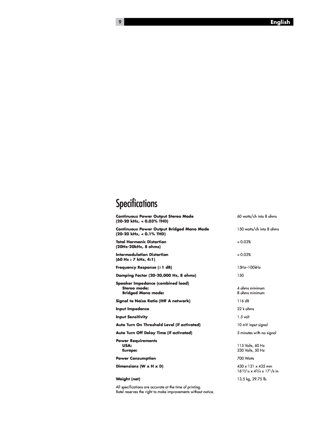 Rotel RB-1066 owner manual Specifications, English 