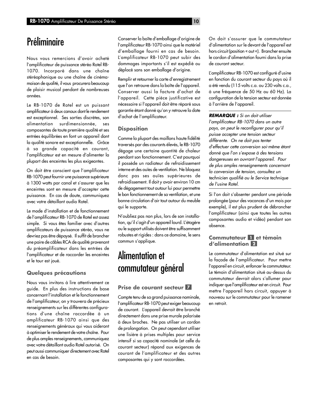 Rotel RB-1070 owner manual Préliminaire, Alimentation et commutateur général 