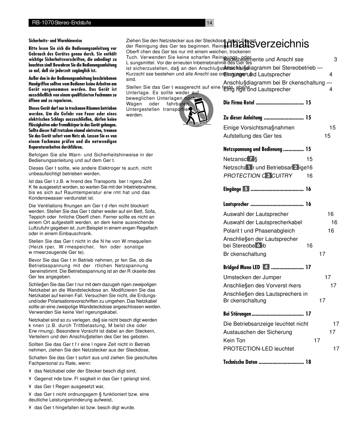 Rotel RB-1070 Bedienelemente und Anschlüsse, Eingänge und Lautsprecher, Einige Vorsichtsmaßnahmen Aufstellung des Gerätes 