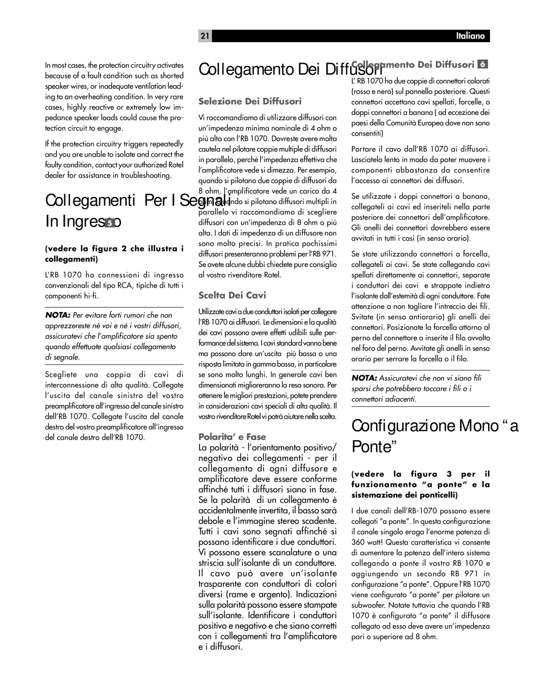 Rotel RB-1070 owner manual Configurazione Mono a Ponte, Selezione Dei Diffusori, Scelta Dei Cavi, Polarita’ e Fase 