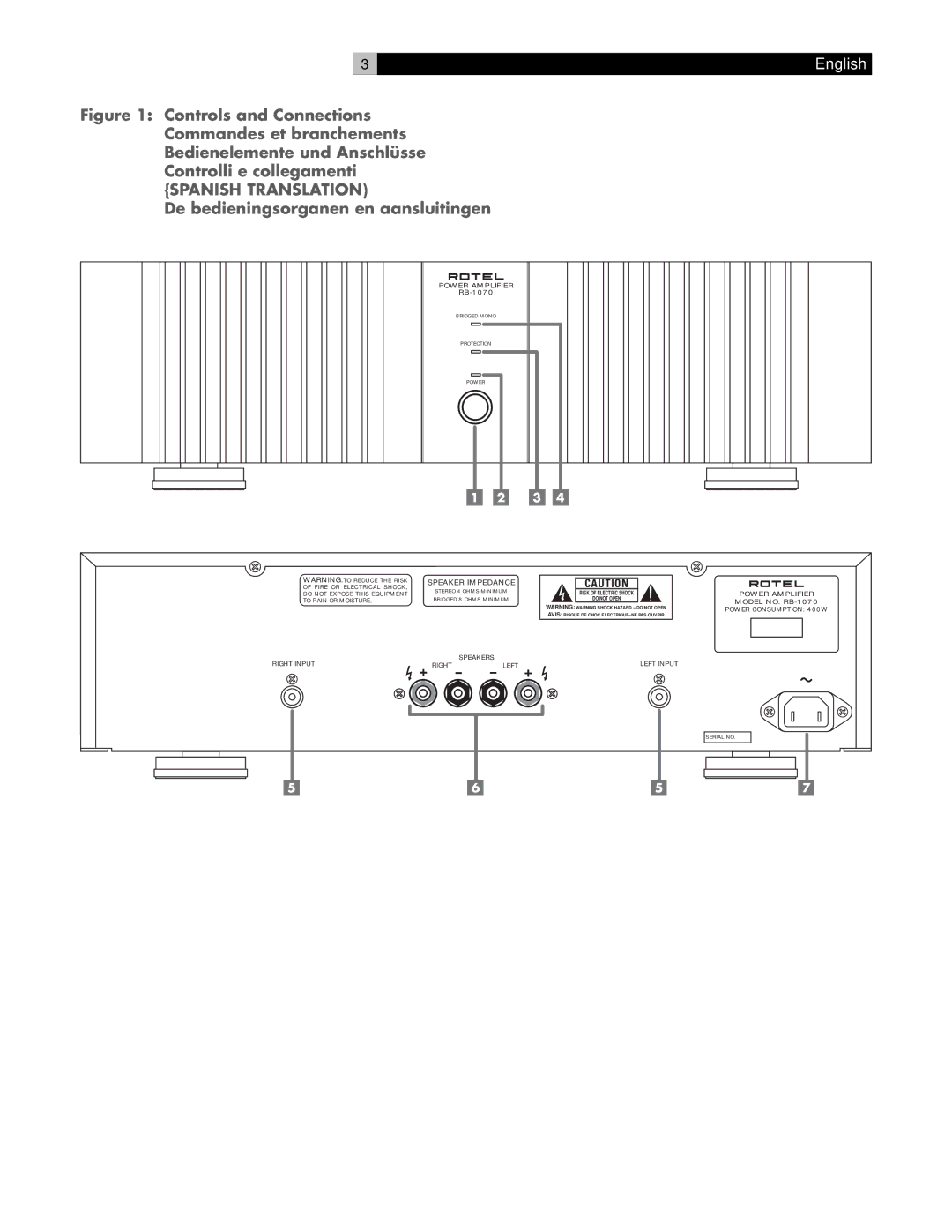 Rotel RB-1070 owner manual Spanish Translation, De bedieningsorganen en aansluitingen 