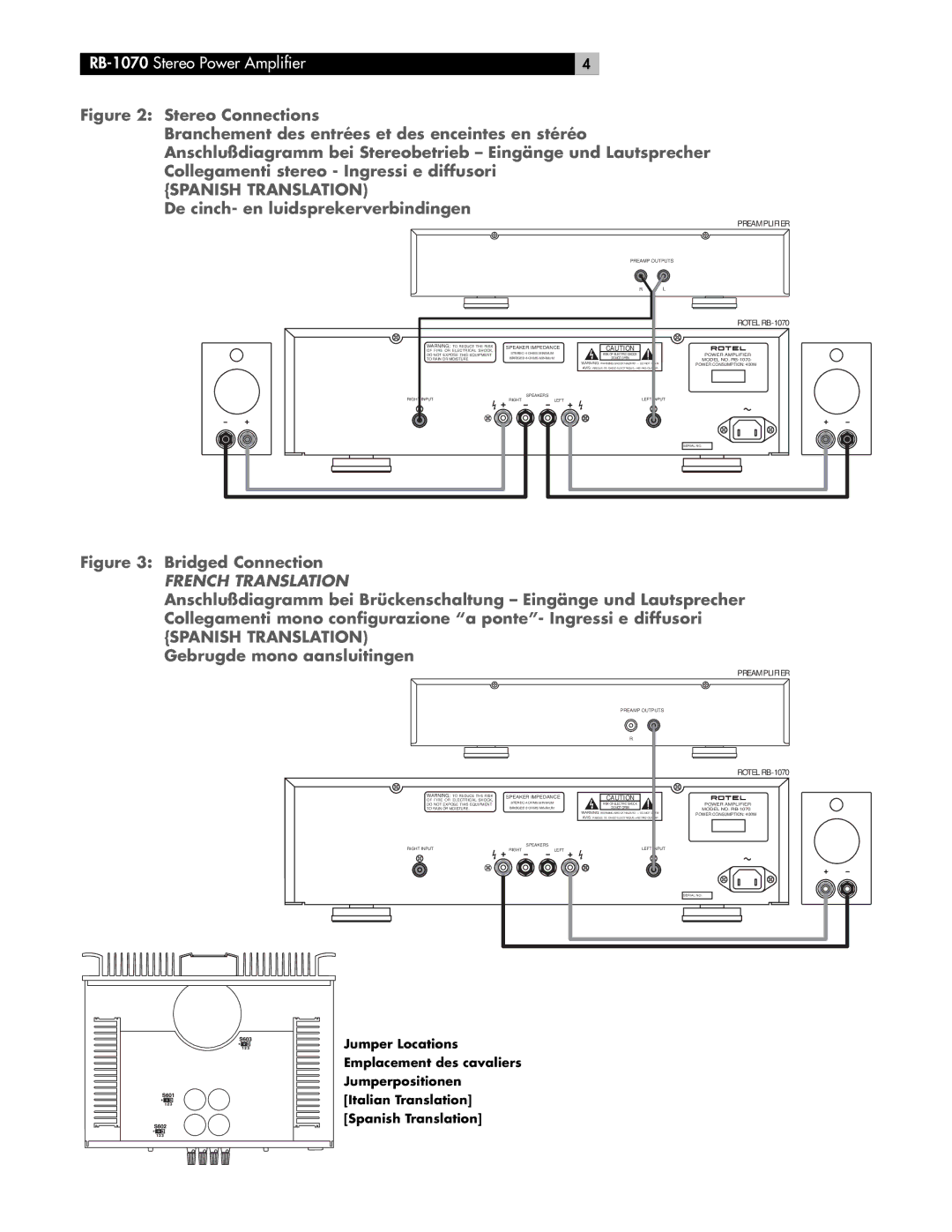 Rotel RB-1070 owner manual De cinch- en luidsprekerverbindingen, Bridged Connection 