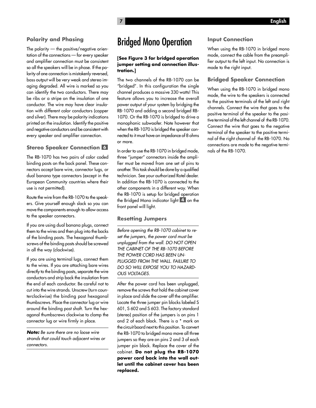 Rotel RB-1070 owner manual Polarity and Phasing, Stereo Speaker Connection, Resetting Jumpers, Input Connection 