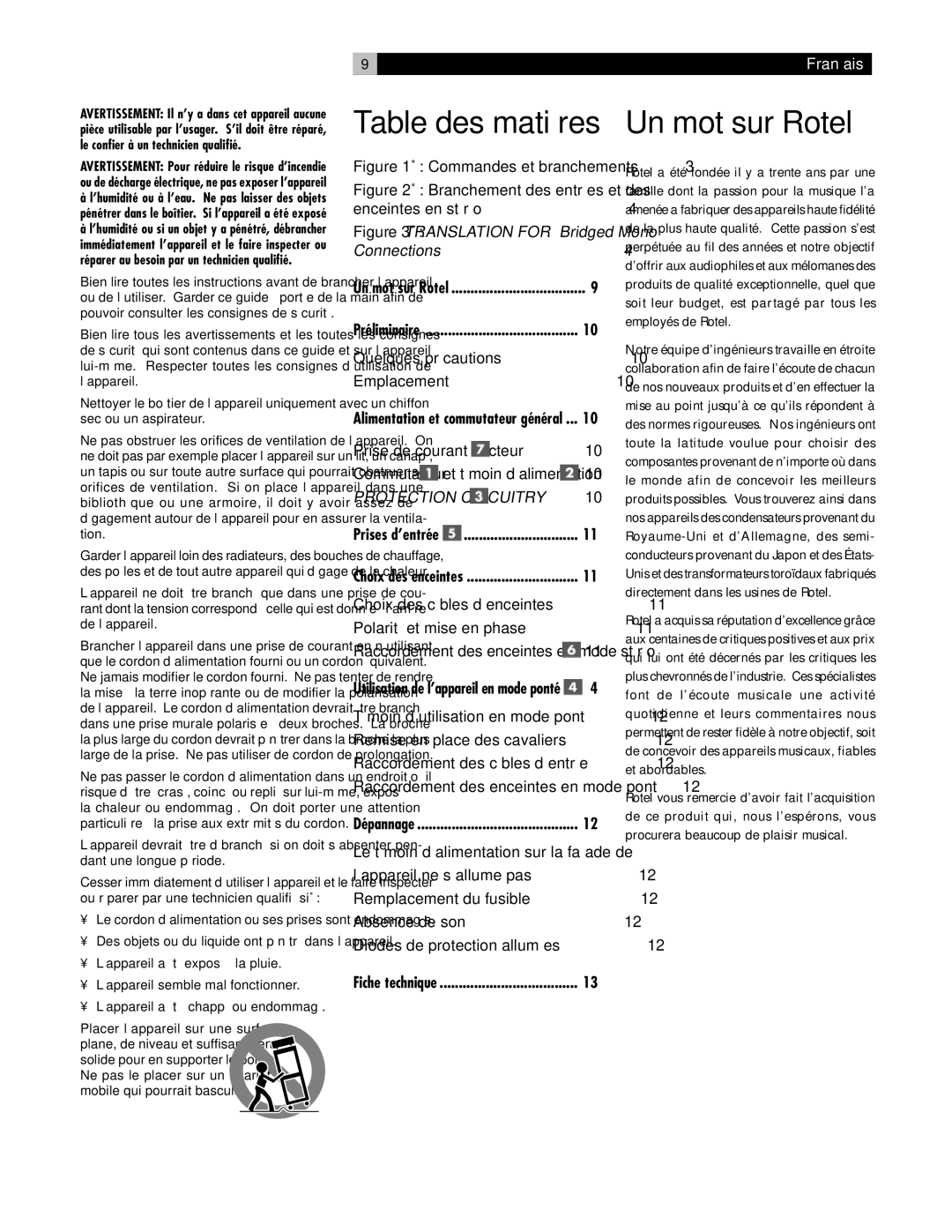 Rotel RB-1070 owner manual Table des matières Un mot sur Rotel 