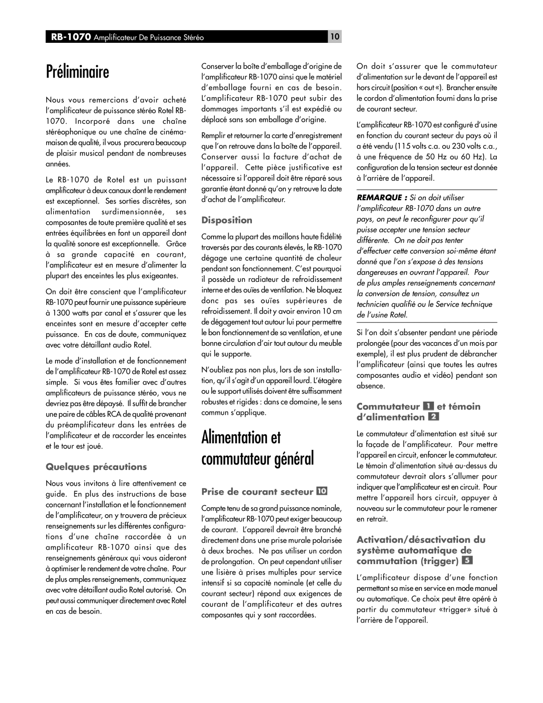 Rotel RB-1070 owner manual Préliminaire, Alimentation et commutateur général 