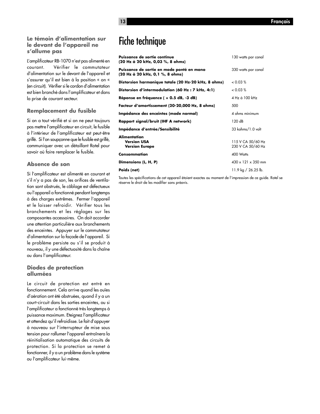 Rotel RB-1070 owner manual Fiche technique, Remplacement du fusible, Absence de son, Diodes de protection allumées 