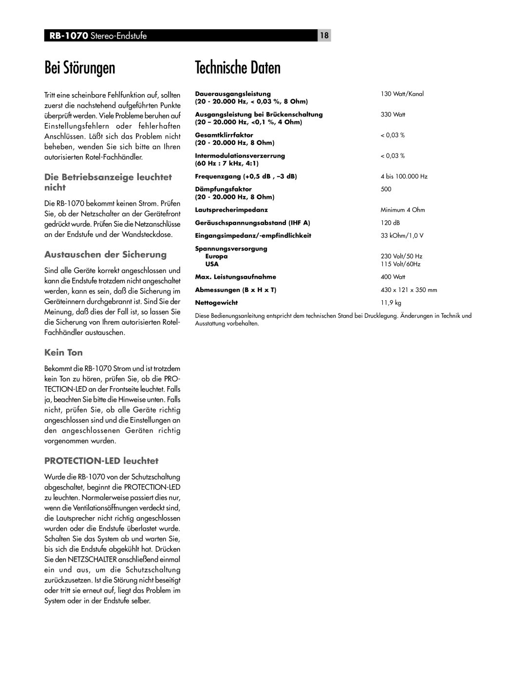 Rotel RB-1070 owner manual Bei Störungen, Die Betriebsanzeige leuchtet nicht, Austauschen der Sicherung, Kein Ton 