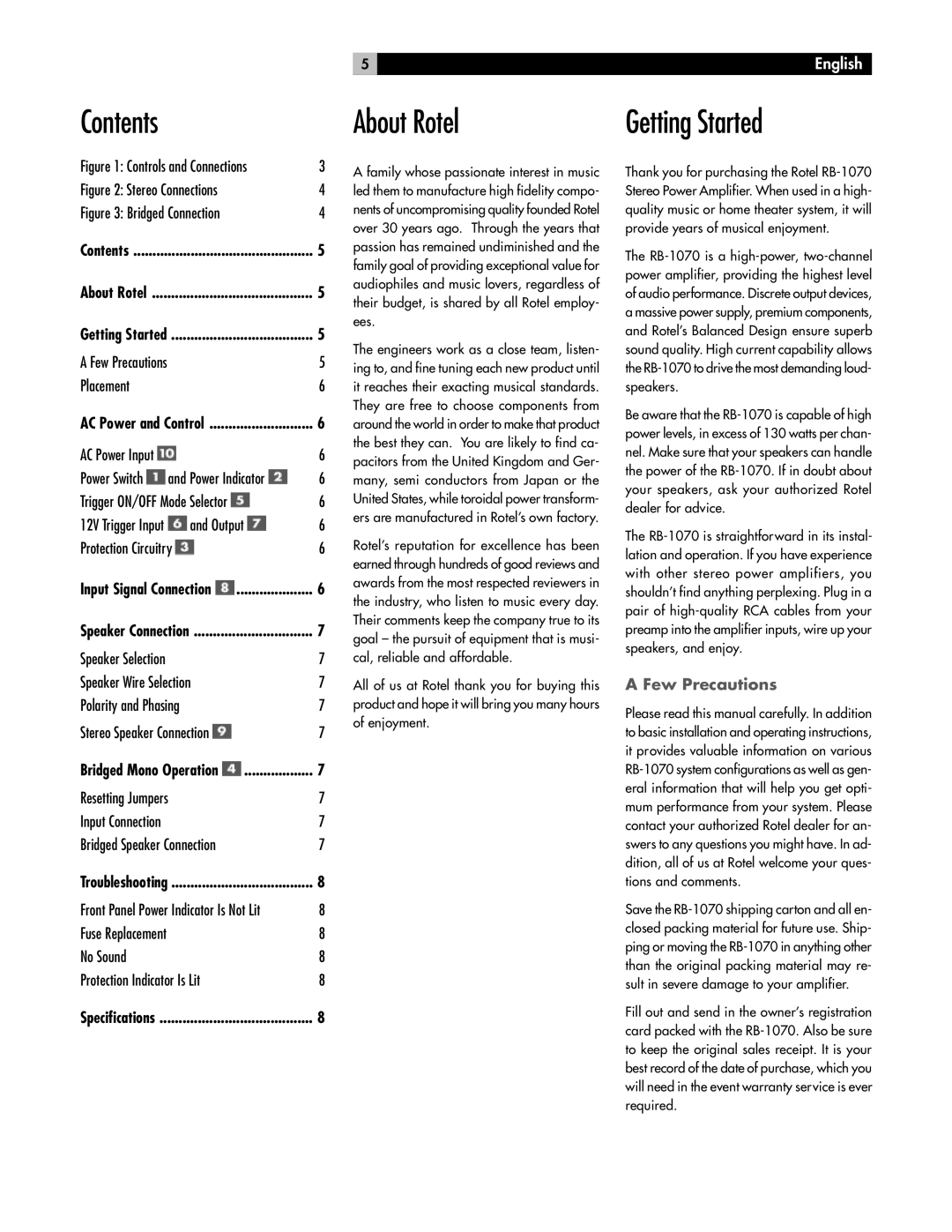 Rotel RB-1070 owner manual About Rotel Getting Started, Few Precautions 