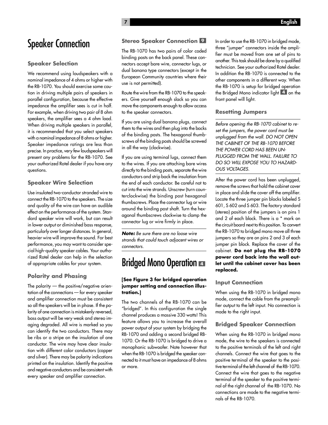 Rotel RB-1070 Speaker Selection, Speaker Wire Selection, Polarity and Phasing, Stereo Speaker Connection, Input Connection 