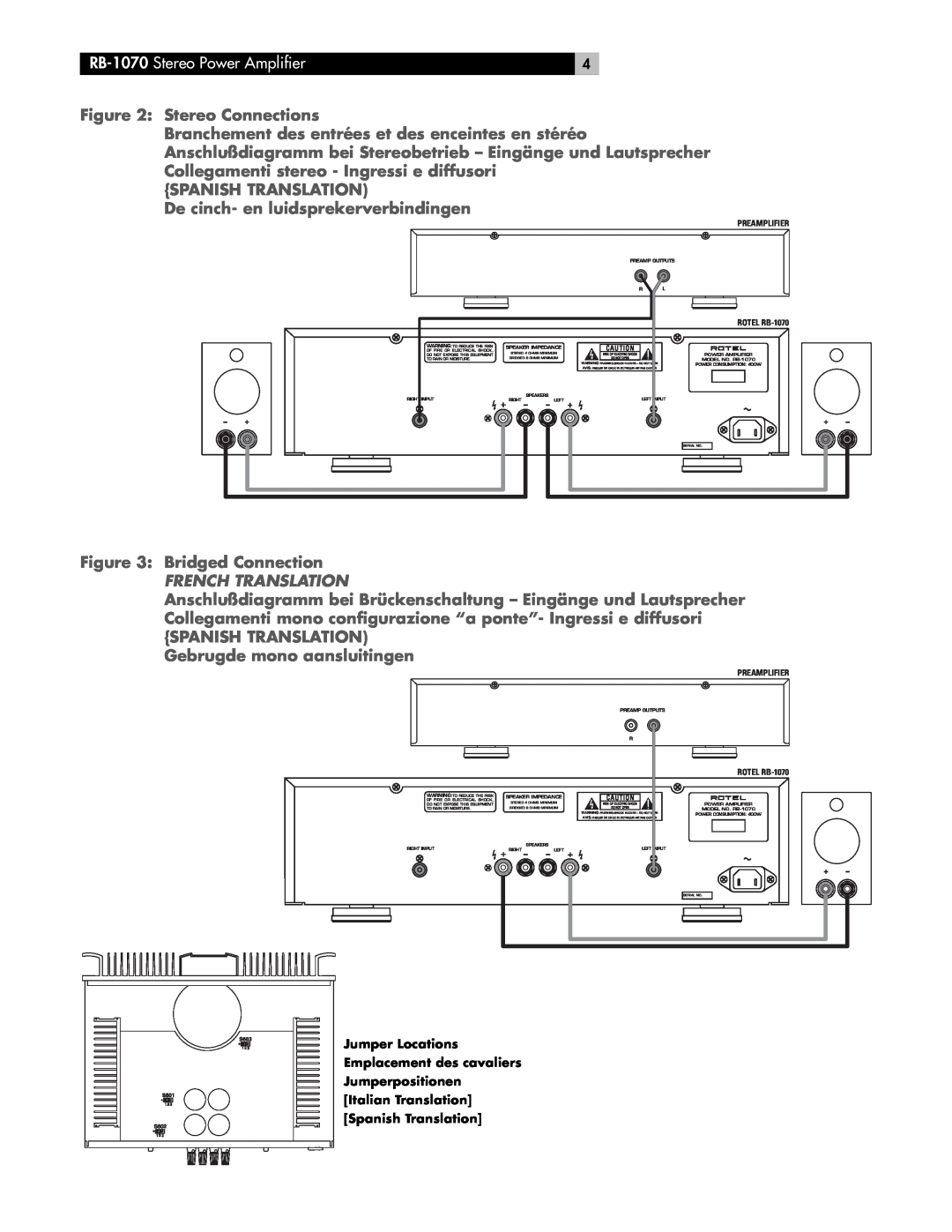 Rotel Stereo Connections, De cinch- en luidsprekerverbindingen, Bridged Connection, RB-1070Stereo Power Amplifier 