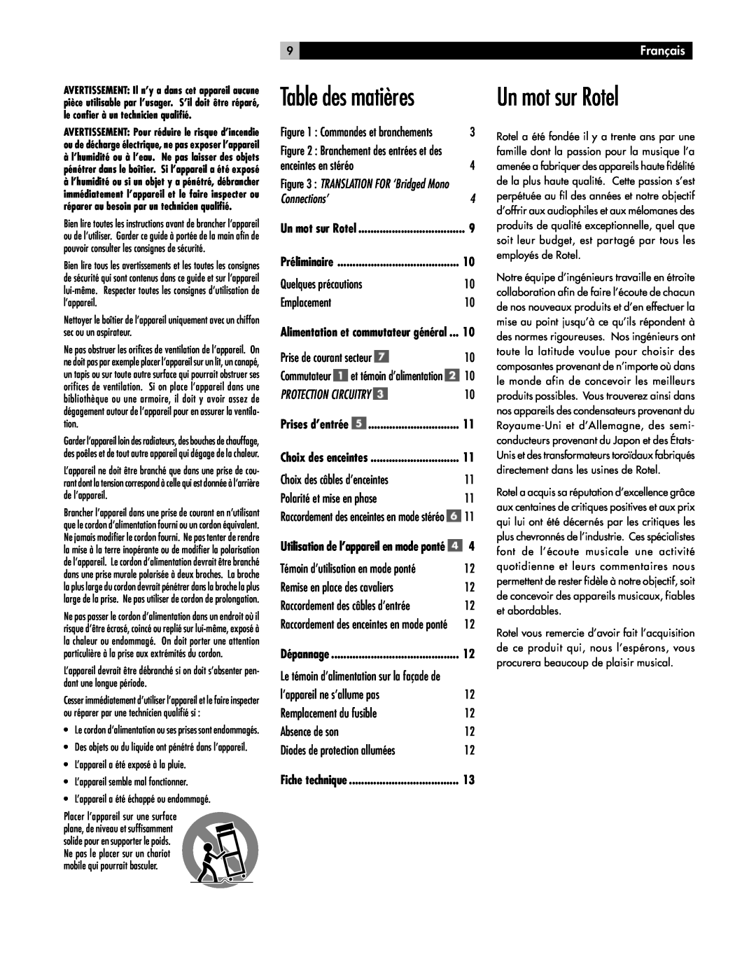 Rotel RB-1070 owner manual Table des matières, Un mot sur Rotel, Français, Connections’, Protection Circuitry 
