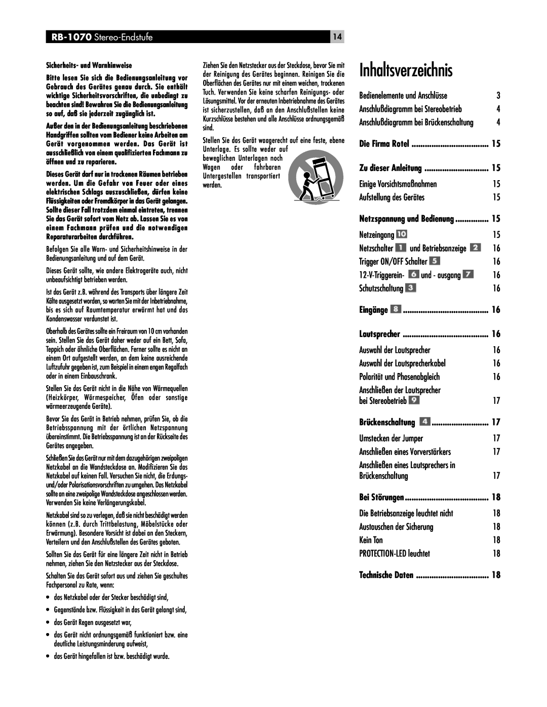 Rotel owner manual Inhaltsverzeichnis, RB-1070 Stereo-Endstufe 