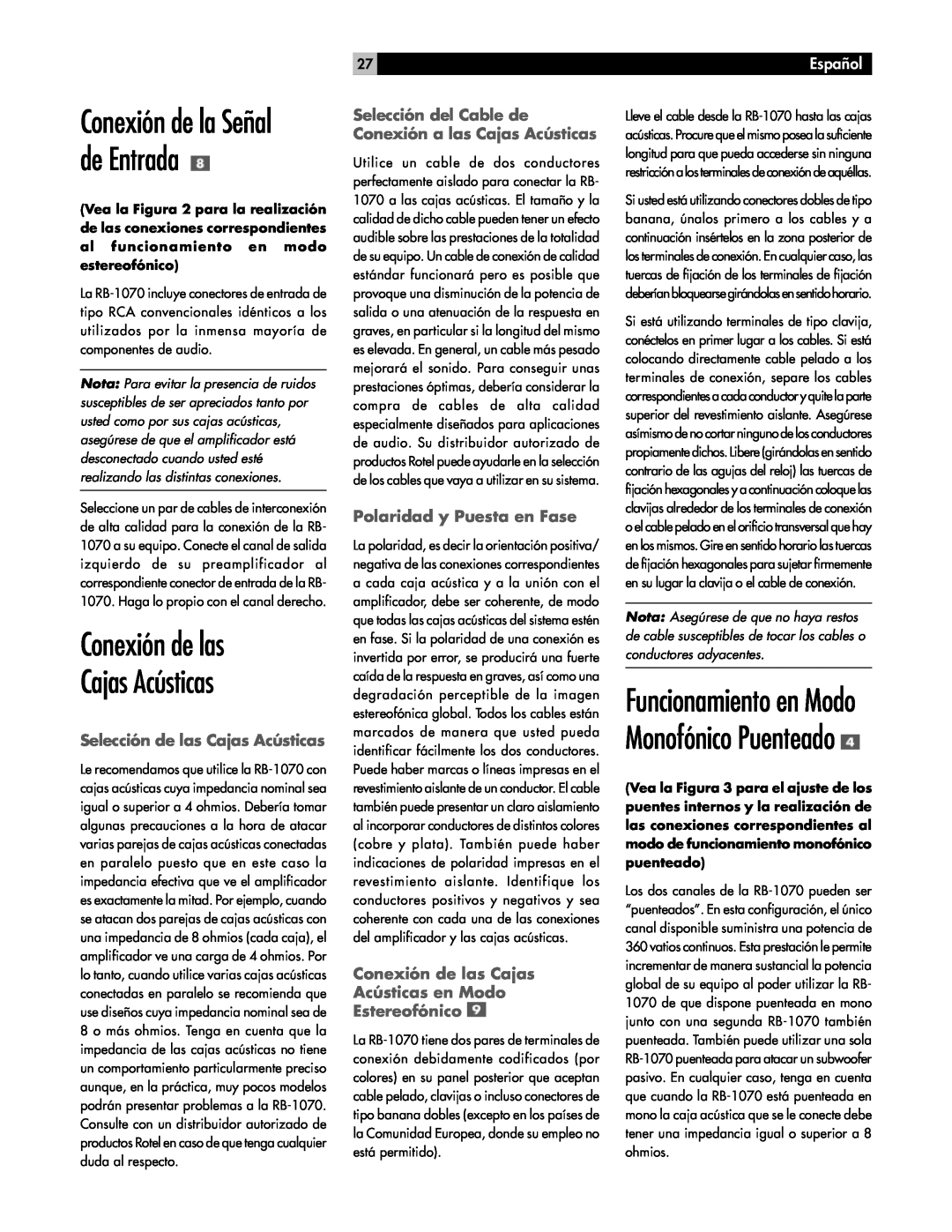 Rotel RB-1070 Conexión de las Cajas Acústicas, Conexión de la Señal de Entrada, Selección de las Cajas Acústicas, Español 